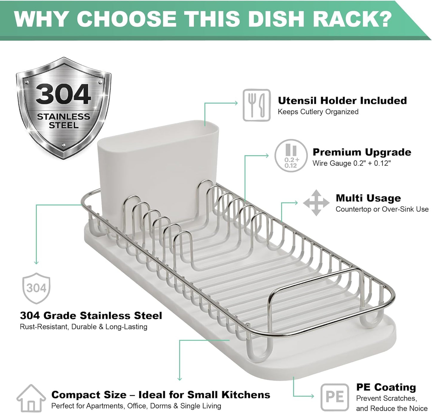 304 Stainless Steel NeverRust Compact Dish Drying Rack with Utensil Holder & Removable Drain Tray