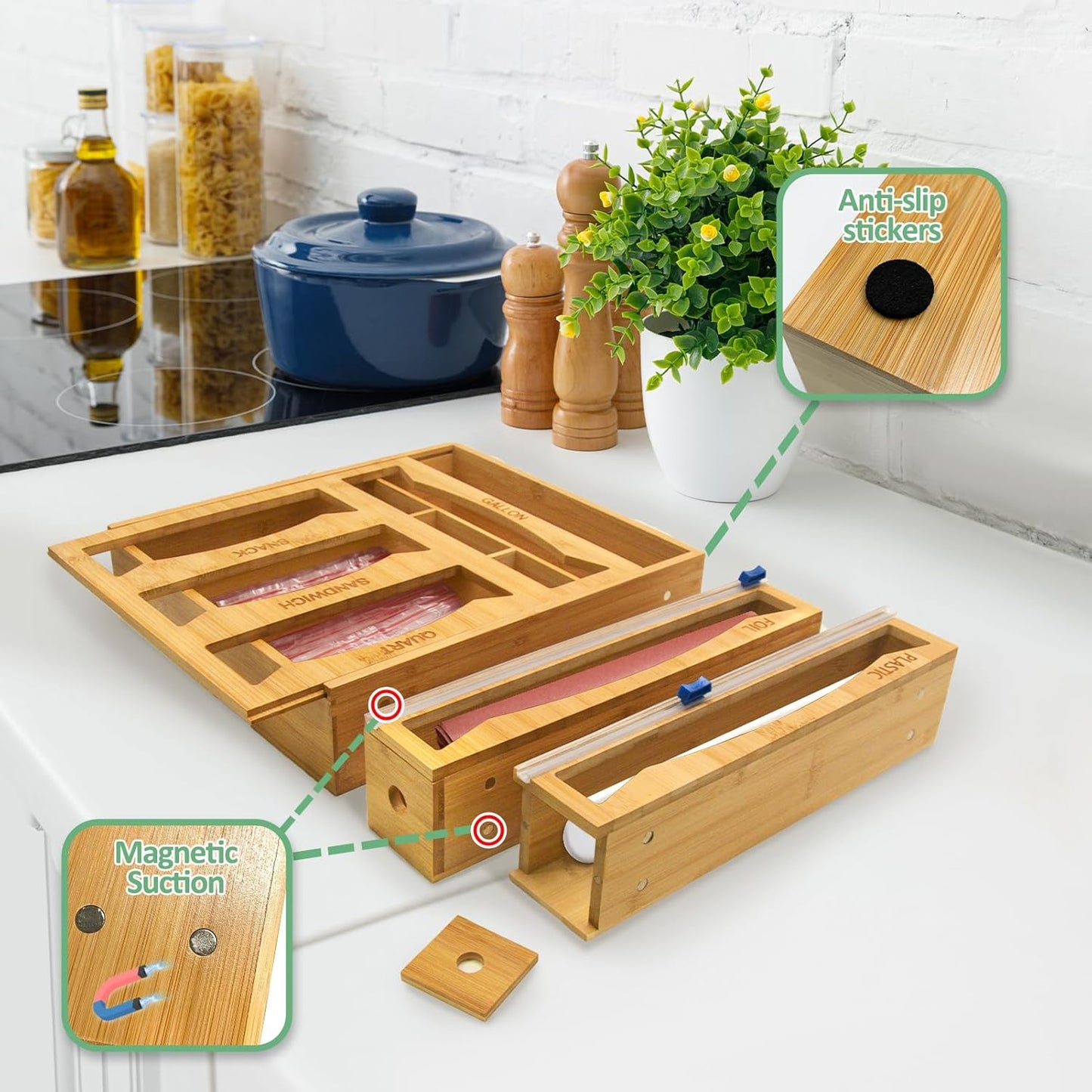 6-in-1 Magnetic Bamboo Drawer Organizer for Kitchen or Fridge
