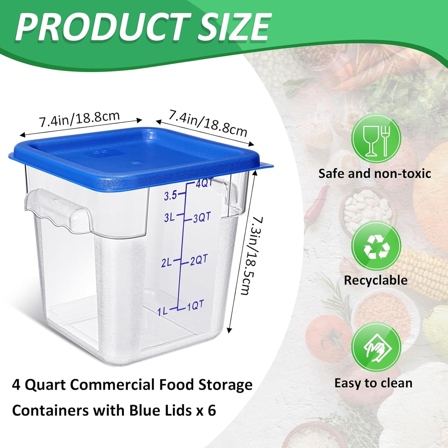 6 Pcs Commercial Clear Food Storage Containers 4 Qt Square Acrylic Airtight Food Storage Containers with Lids for Kitchen Restaurant Pantry Freezer Flour Sugar(Blue)