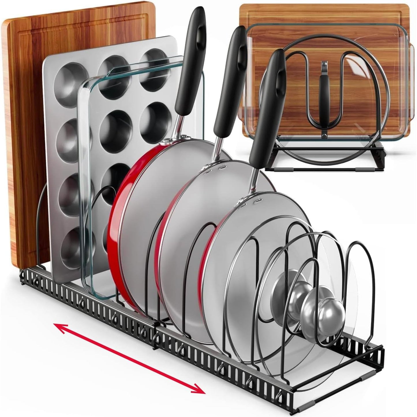7.5” Wide 12-Slot Adjustable Large Pan and Pot Lid Organizer with Scratch-Free Pads