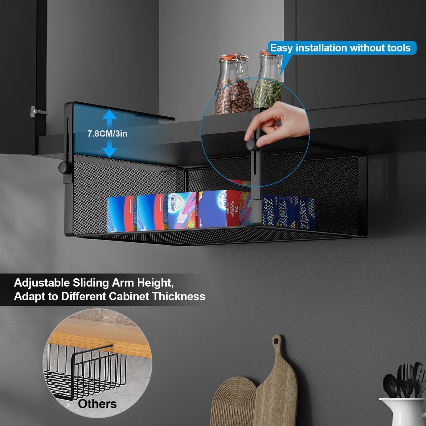 2Pack Under Shelf Basket Organizer,Adjustable Hanging Holder for Cabinet Pantry Kitchen Cupboard Desk Counter Bookshelf Organization Add-on Space Saver Heavy Duty Slide-in (Black, Large)