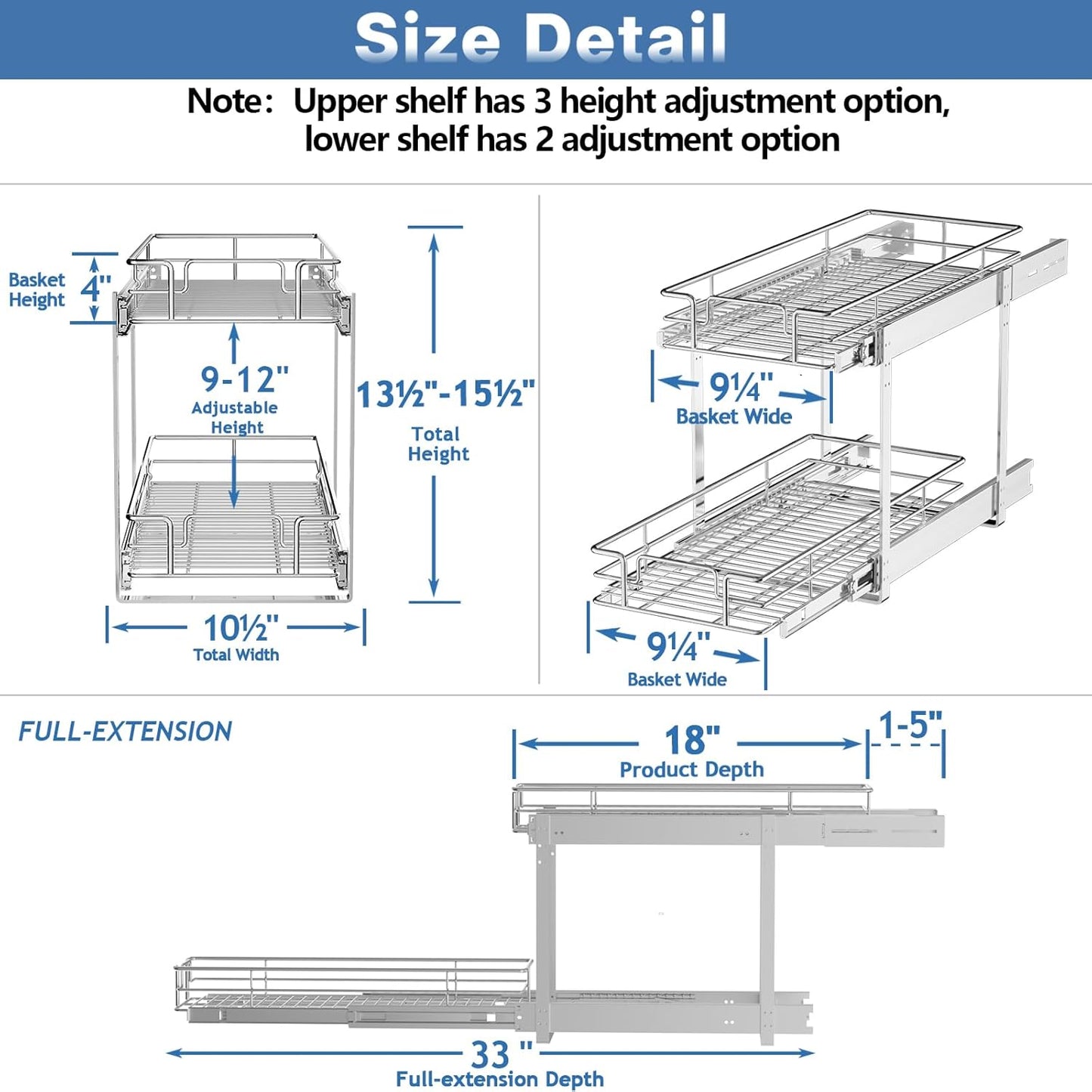 2 Tier Individual Pull Out Cabinet Organizer 10½" W x 18" D, Heavy Duty Cabinet Pull Out Shelves
