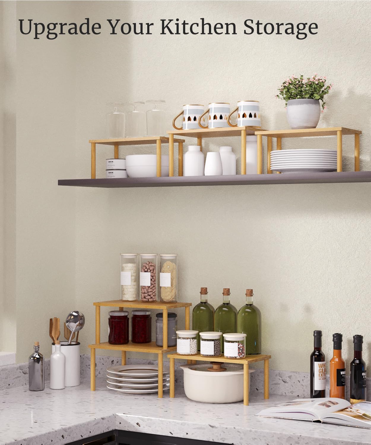 Cabinet Organizer Shelf(Set of 3),Bamboo Kitchen Counter Shelves for Countertop and Cabinet,Stackable Shelf Spice Racks,Medium(Natural)