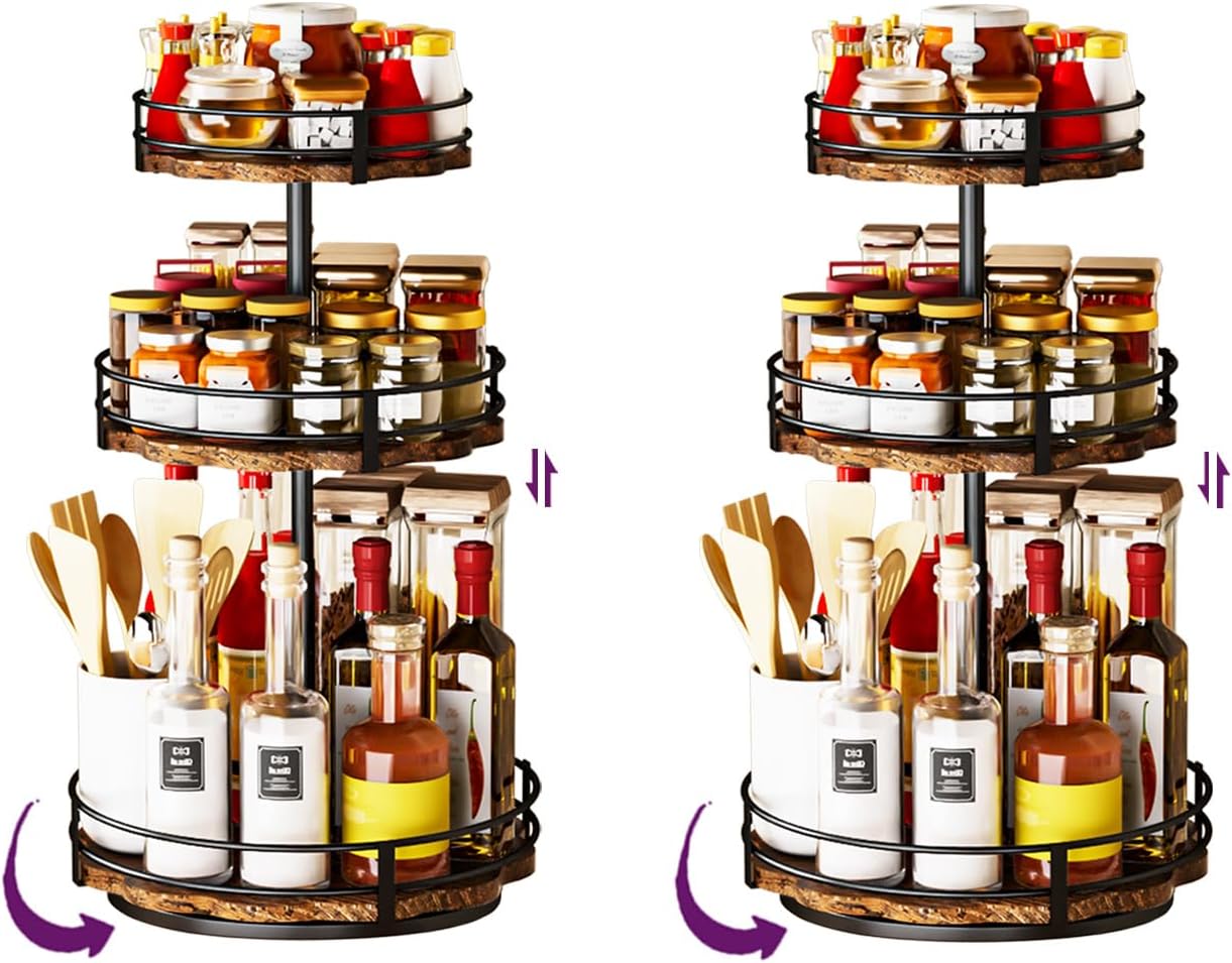 Heavy-Duty 3-Tier Lazy Susan Organizer, Adjustable to Different Heights, Countertop Spice Rack