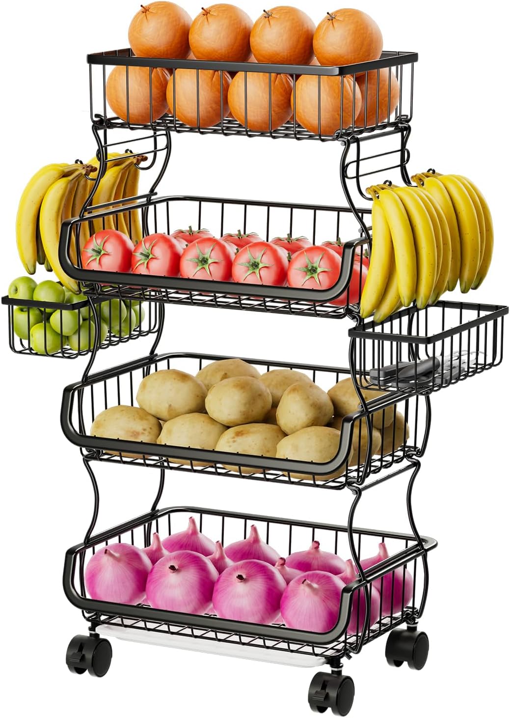 4 Tier Rolling Cart, Stackable Fruit Vegetable Basket with Wheels and 2 Hanging Basket