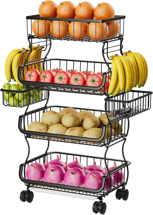 4 Tier Rolling Cart, Stackable Fruit Vegetable Basket with Wheels and 2 Hanging Basket