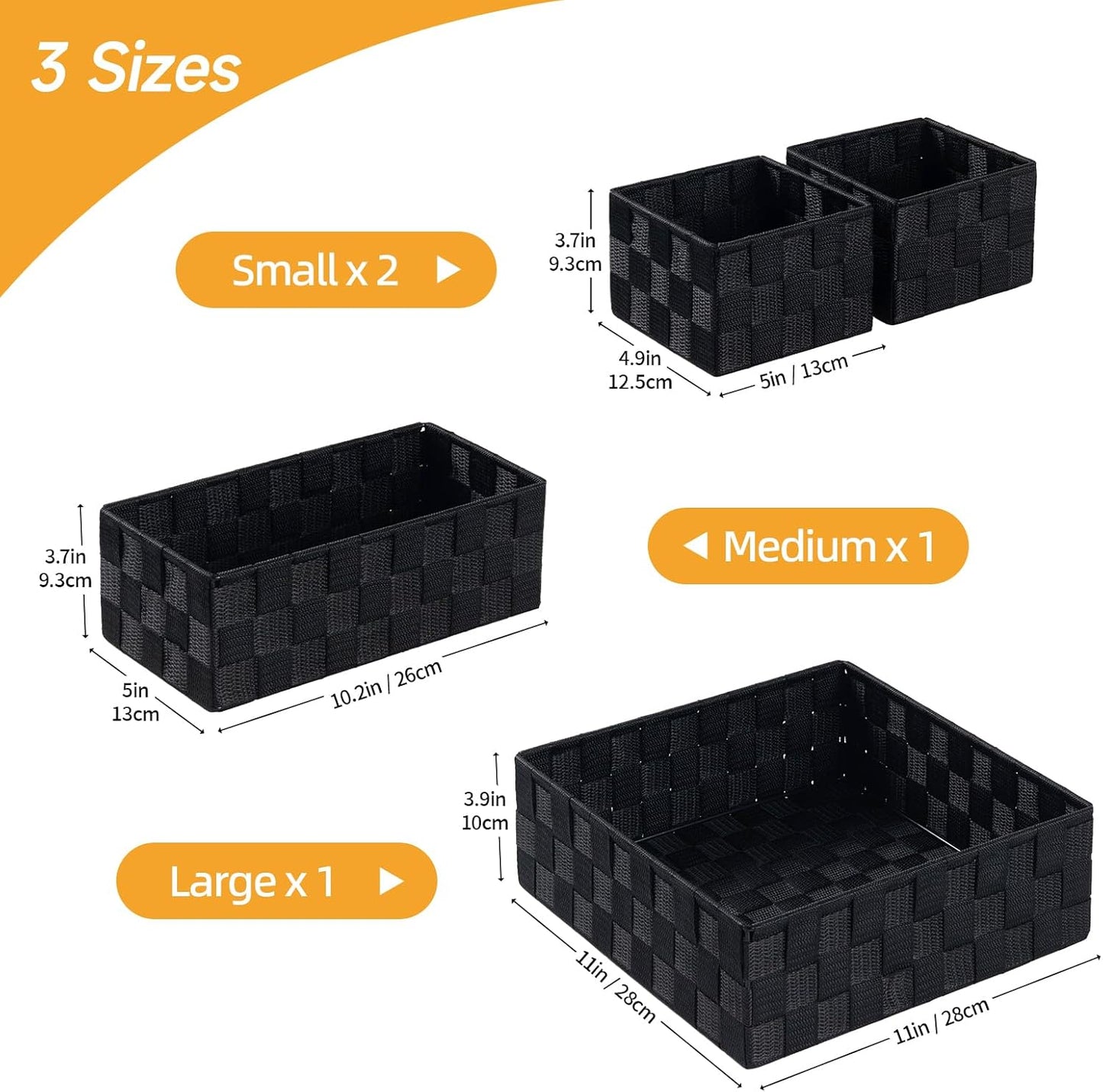Small Black Baskets Cube Bin Container Tote,Woven Storage Baskets for Organizing Organizer Divider for Drawer, Closet, Shelf, Dresser