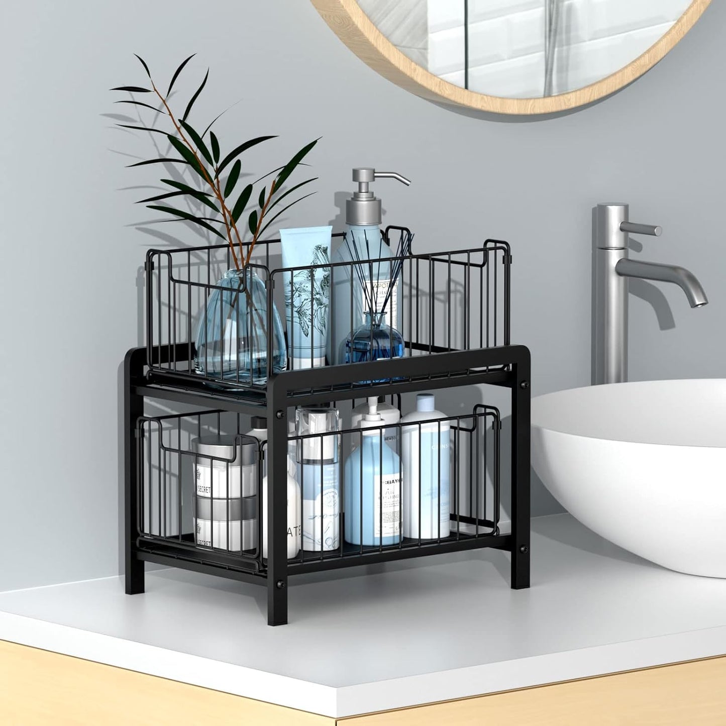 2-Tier Under Sink Organzier: Iron Under Sink Cabinet Organizers With Sliding Drawer