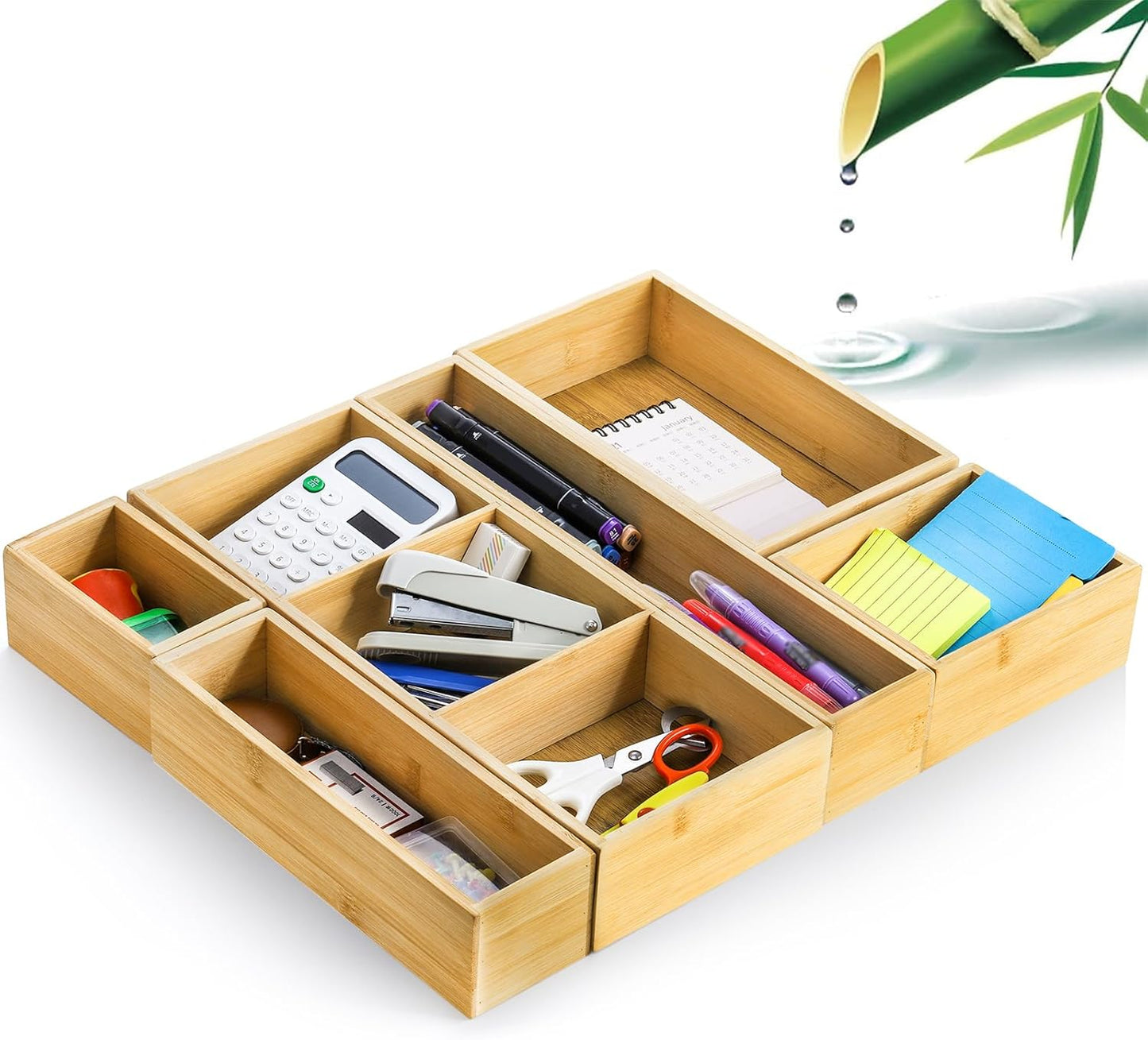 Set of 6 Bamboo Drawer Organizer Storage Box, Adjustable Cutlery Drawer Organizer