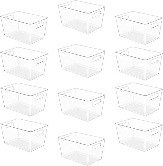 12 Pack Clear Pantry Organizer Bins, Plastic Containers with Handle for Kitchen,Freezer,Cabinet,Closet,Bathroom Under Sink Storage