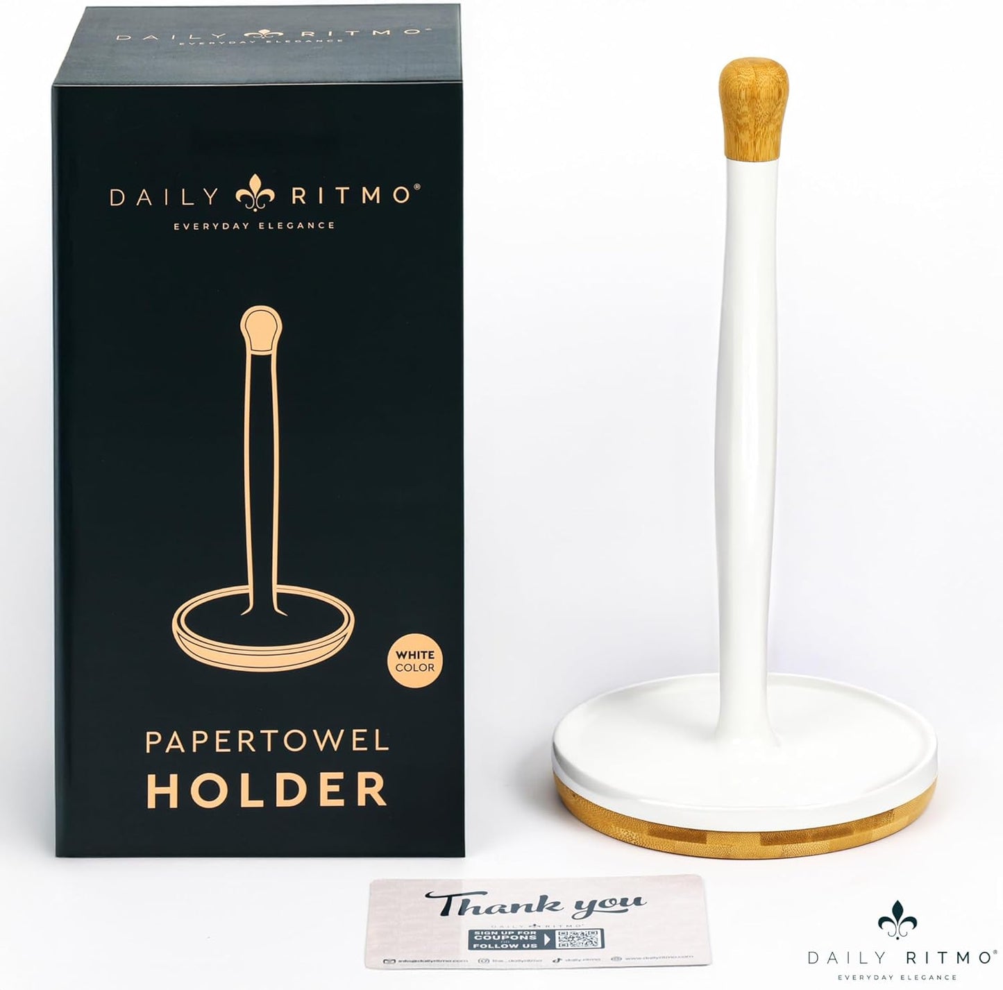 DAILY RITMO® White Countertop Papertowel Holder | Aesthetic Resin Marble & Ceramic Like with Modern Bamboo Wooden Weighted Base & Wood Top