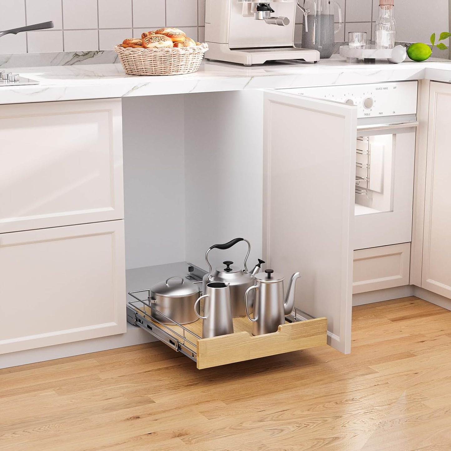 Pull Out Cabinet Organizer,Heavy-Duty Slide Out Shelf, Wood And Wire Basket