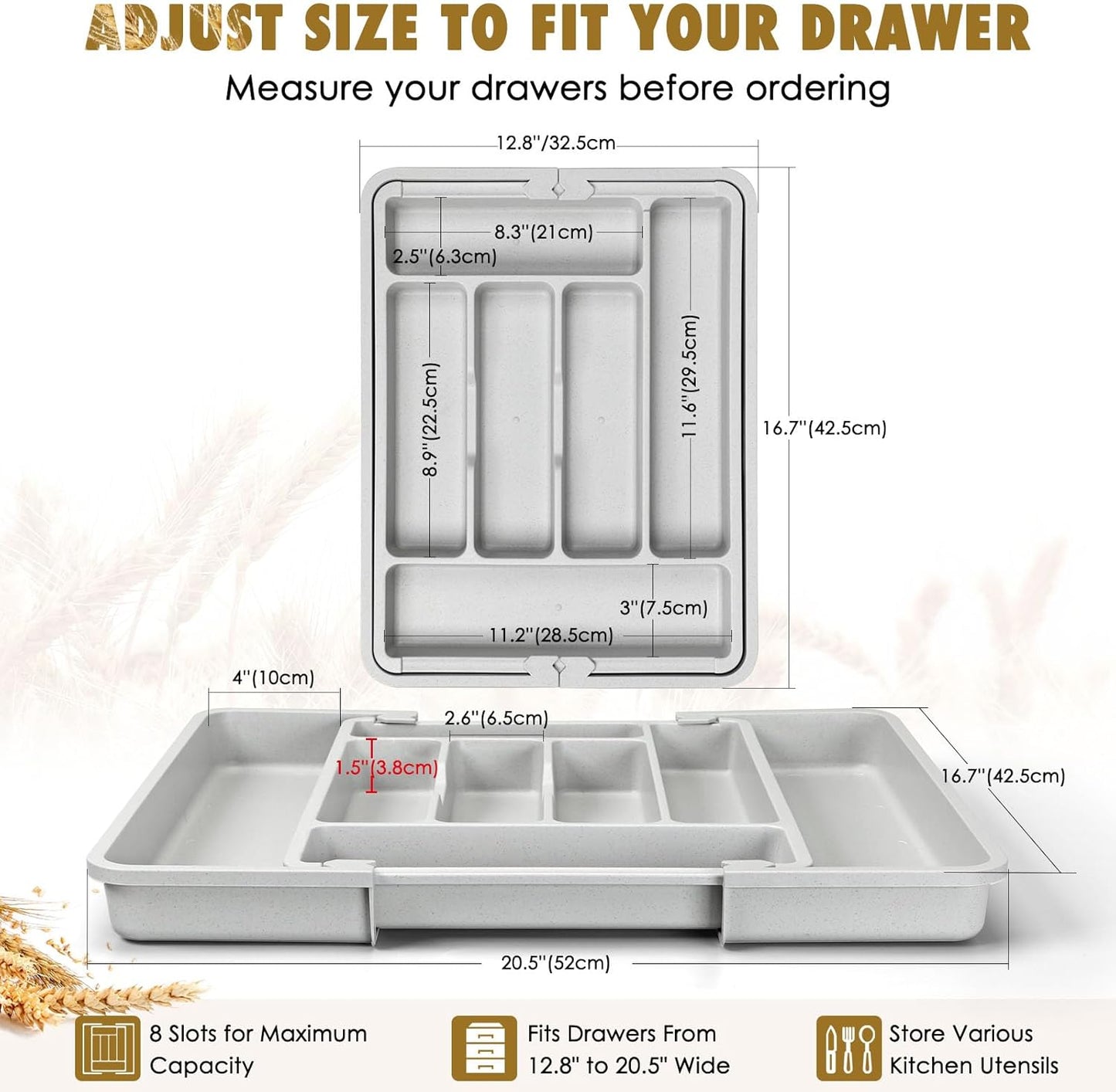 Silverware Organizer for Kitchen Drawers, Wheat Straw Large Expandable Utensil Drawer Organizer