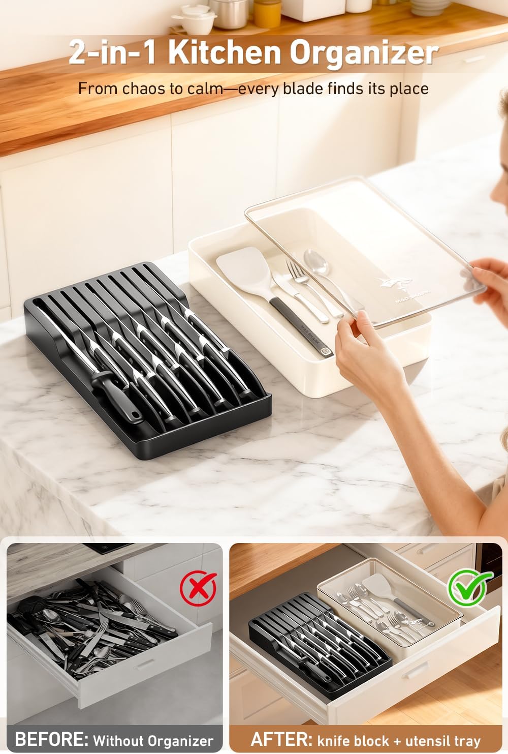 2-in-1 Detachable Knife Block & Silverware Organizer, Drawer Knife Holder for 10 Knives, BPA-Free