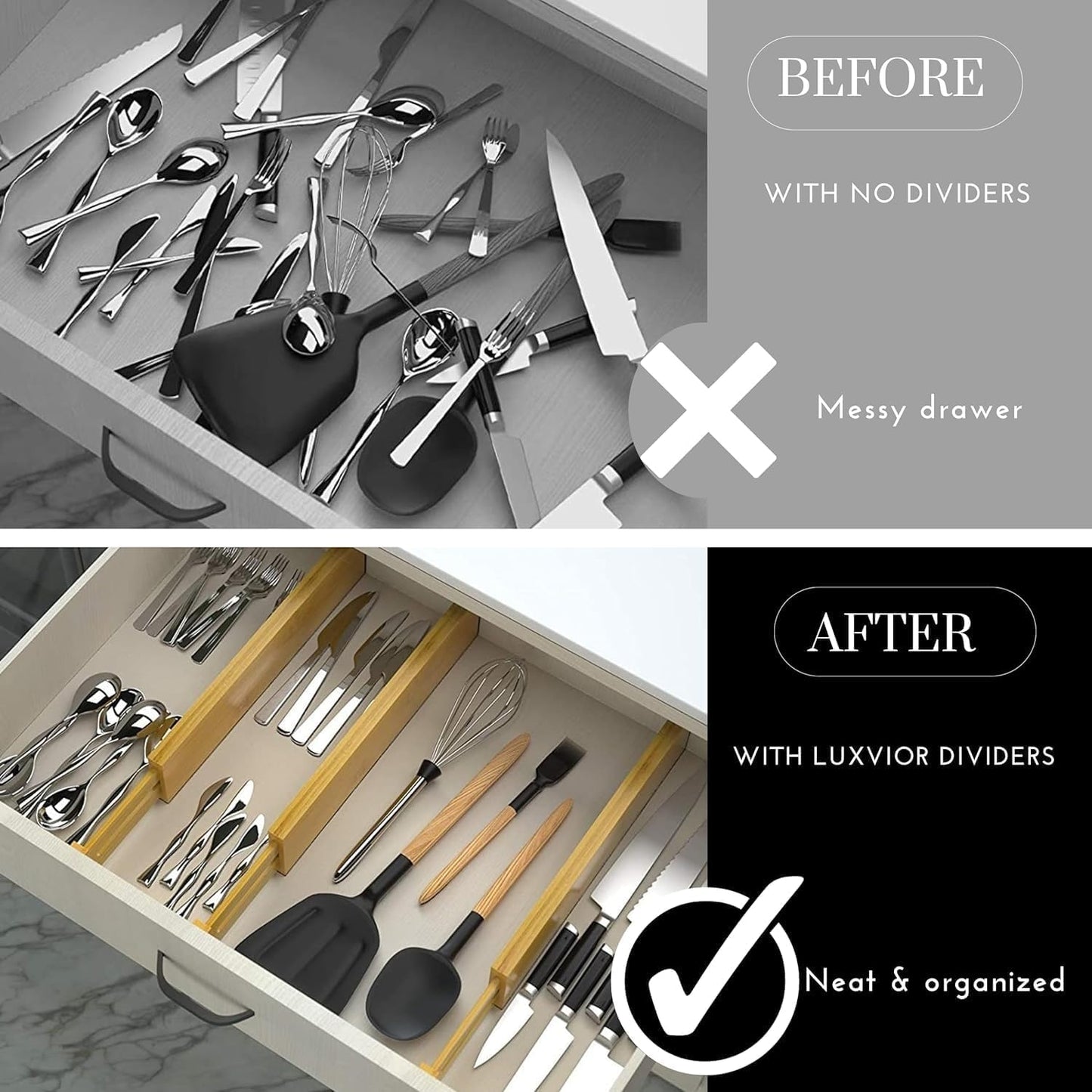 Expandable Bamboo Drawer Dividers 8 pack with labels(17"-22") Drawer Organizer for Kitchen