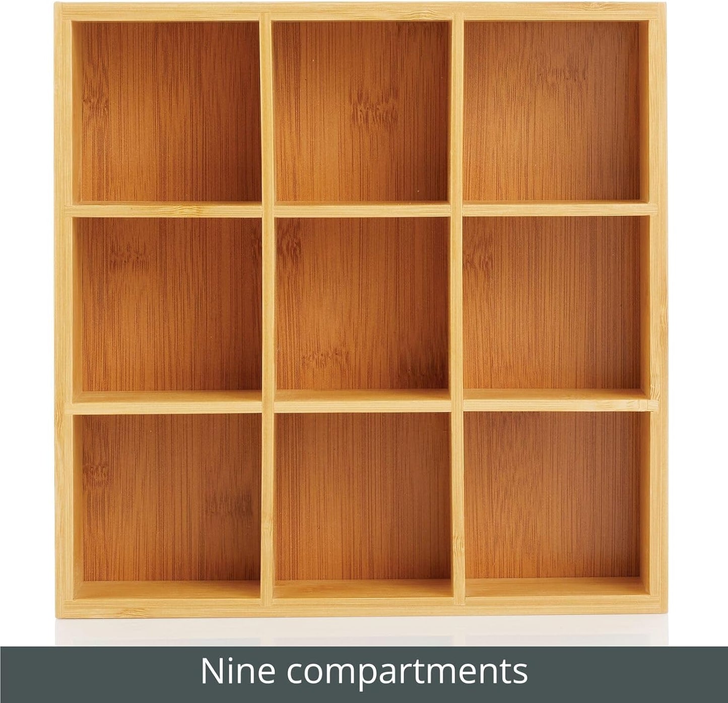 Bamboo Kitchen Pantry Storage Organizer Box - 9 Divided Sections, Open Top