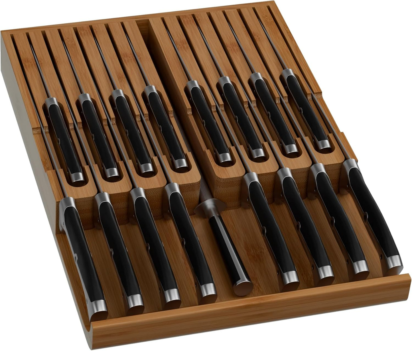 Bamboo In-drawer Knife Block - Knife Drawer Organizer Insert Large Handle Steak Knife Holder
