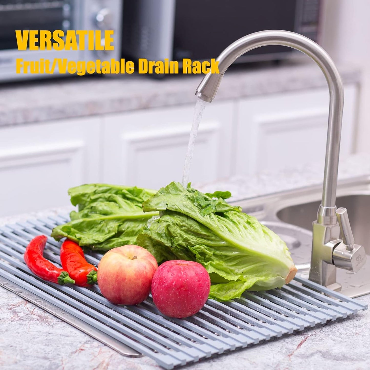 Silicone-Coated Stainless Steel Over The Sink Multipurpose Roll-Up Dish Drying Rack, 16.9"X12.2"