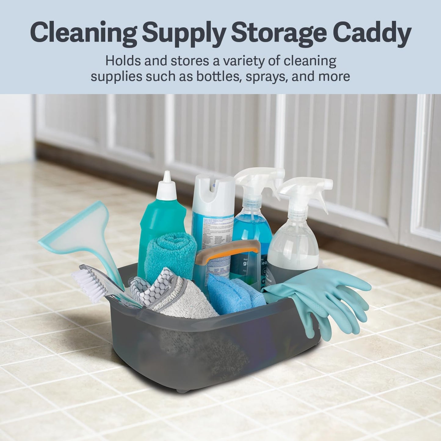 Cleaning Storage Caddy with Handle Plastic Multipurpose Organizer, Rectangle, 1.85-Gallon, Gray