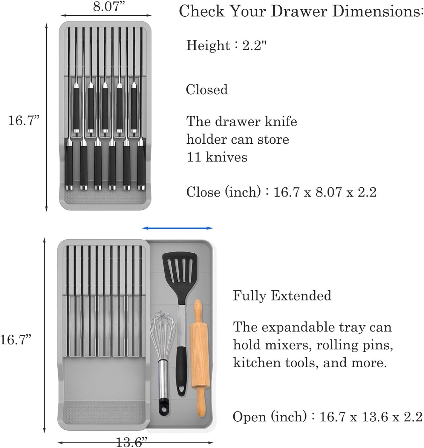 Expandable Drawer Knife Insert Organizer - Plastic Knife Storage Tray for Kitchen Drawers