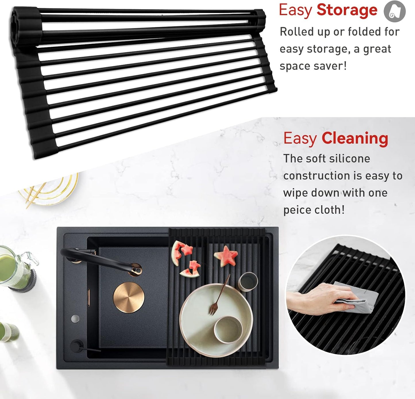 Roll Up Dish Drying Rack Silicone Wrapped Over The Sink Dish Drying Rack Multipurpose Foldable Sink Drying Mat Anti-Slip & Anti-Rust Dish Rack for Kitchen, 17.5" x 13", Black