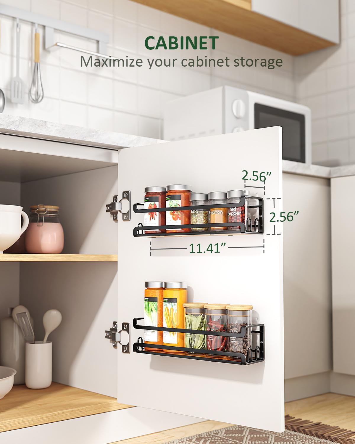 Wall Mounted Spice Rack with 16 Hooks, Rustic Wood Spice Organizer Shelf for Stove Cabinet Pantry Door,Screw or Adhesive Hanging Spice Shelf,Wall Spice Rack in Kitchen and RV,4 Pack
