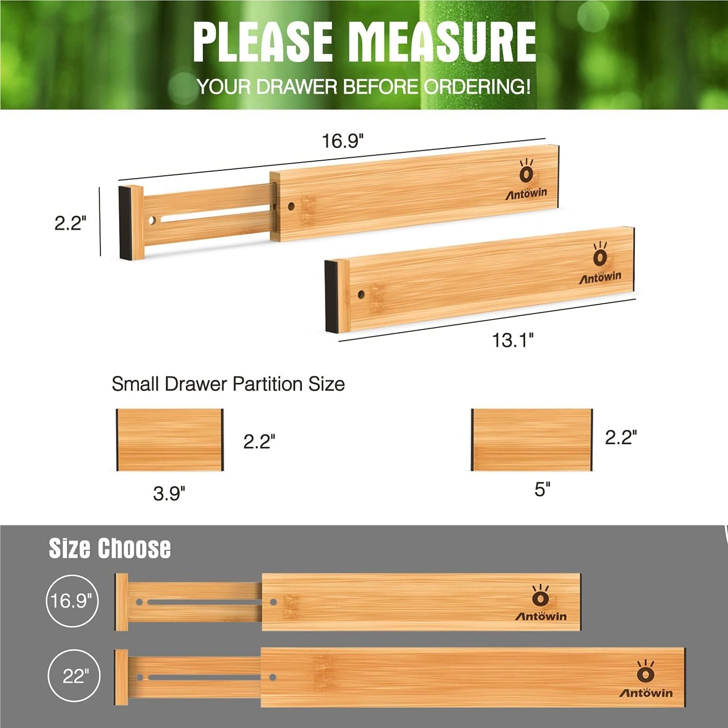 Bamboo Drawer Dividers Organizers, Drawer Separators Splitter,13-17 inches Long Adjustable Spring-loaded Organizer for Large Utensil, Clothes, Tools Drawers (4+3)