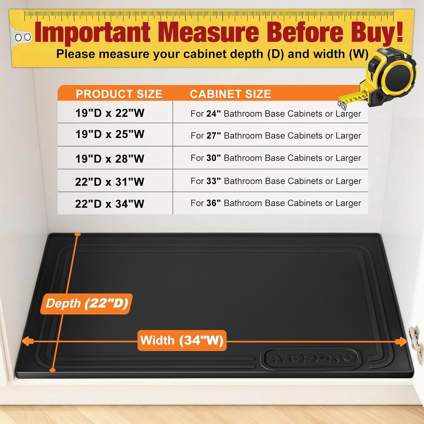 Under Sink Mat 34" X 22", Waterproof Silicone Cabinet Organizer Protector with Raised Edge