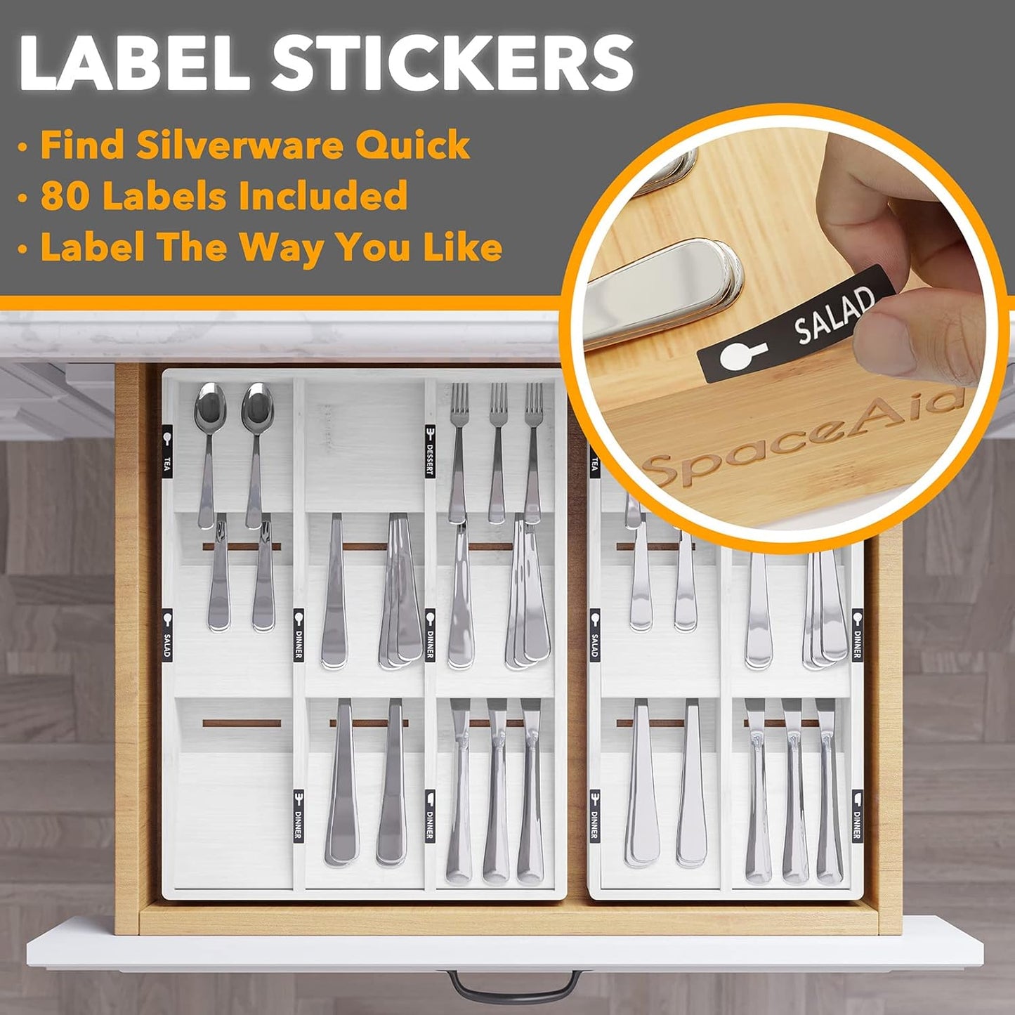 Bamboo Silverware Drawer Organizer with Labels, Kitchen Utensil Tray Holder Organizer for Flatware