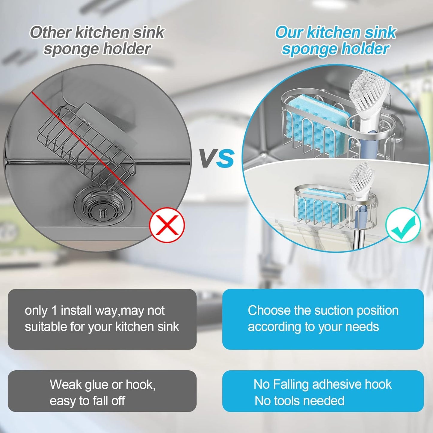 2-in-1 Sponge Holder for Kitchen Sink, Sink Caddy Kitchen Sink Organizer with 3 Suction Cups
