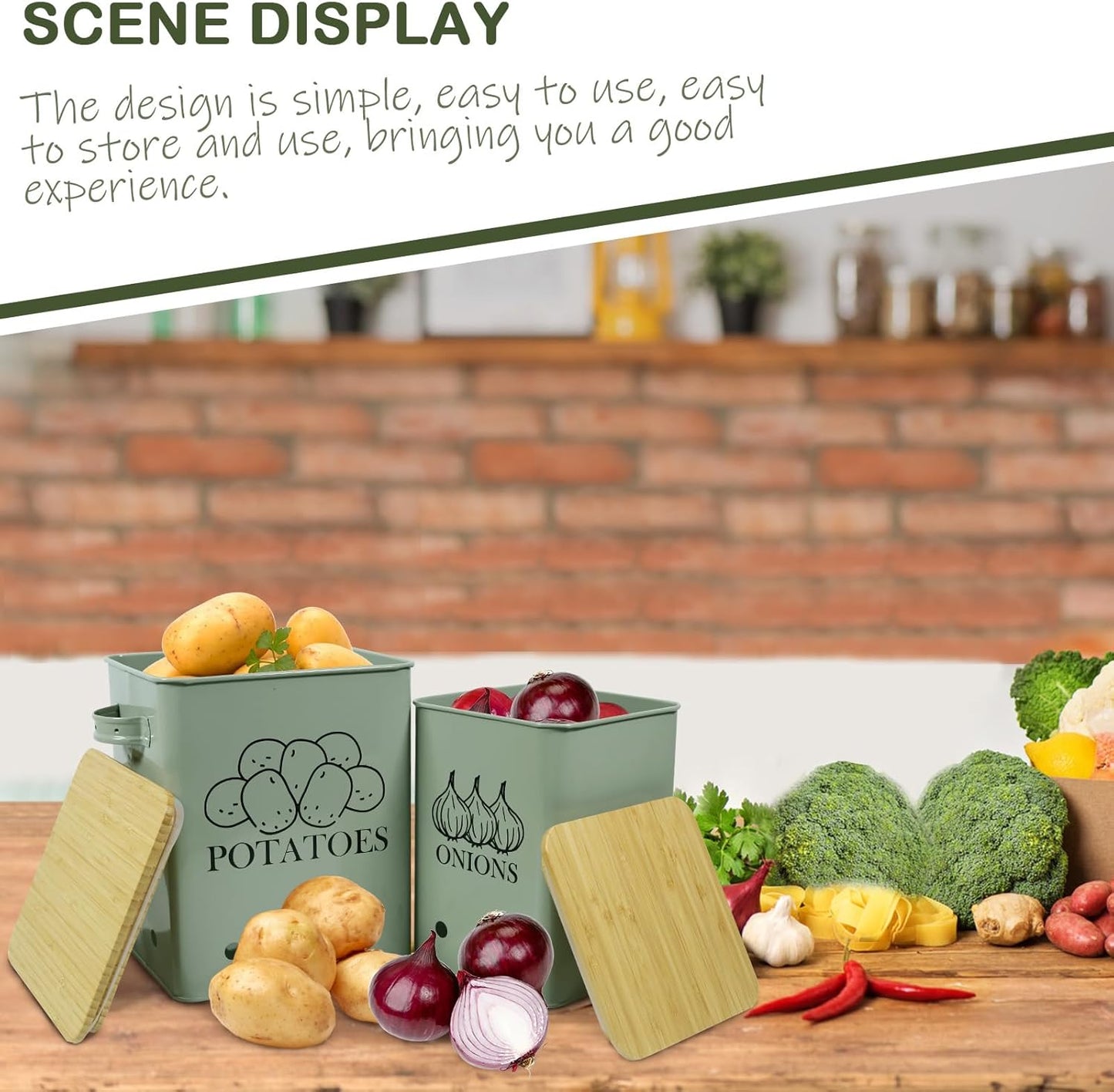 Kitchen Vegetable Storage Tins Set of 2 for Potatoes, Onion, with wooden lid Garlic Bin Caddy