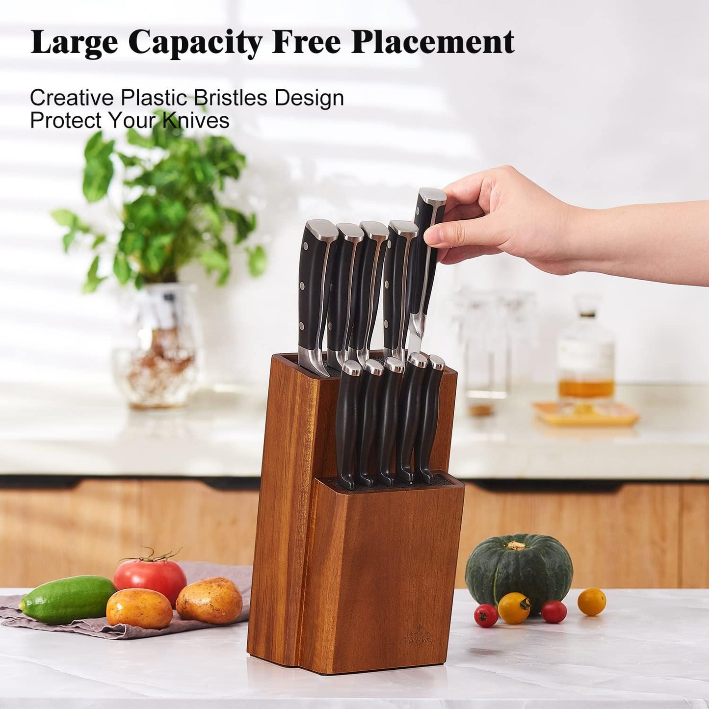 Universal Knife Block without Knives, Acacia Wood Knife Holder/Knife Organizer with Removable Plastic Bristles for Kitchen Counter Knife Storage Rack