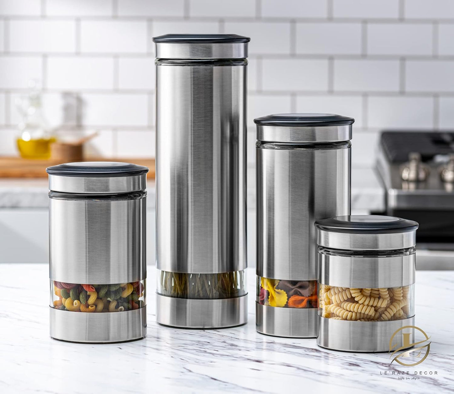 Airtight Glass Canister Set of 4 with Stainless Steel Sleeve for Kitchen Counter