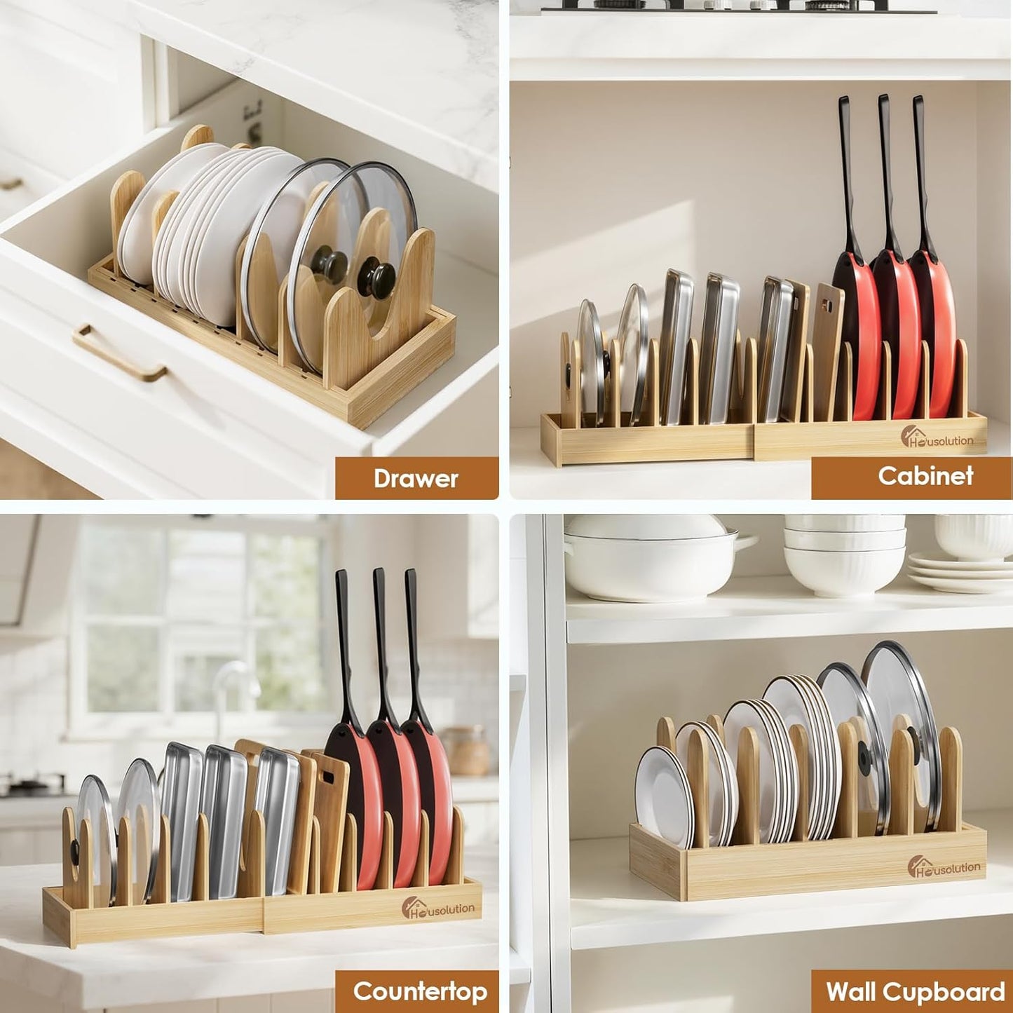 Bamboo Pot and Pan Organizer for Cabinet, 15"-29" Expandable Pot Lid Organizer with 10 Adjustable Dividers, Pan Holder Storage Rack with Solid Bamboo Wooden Base