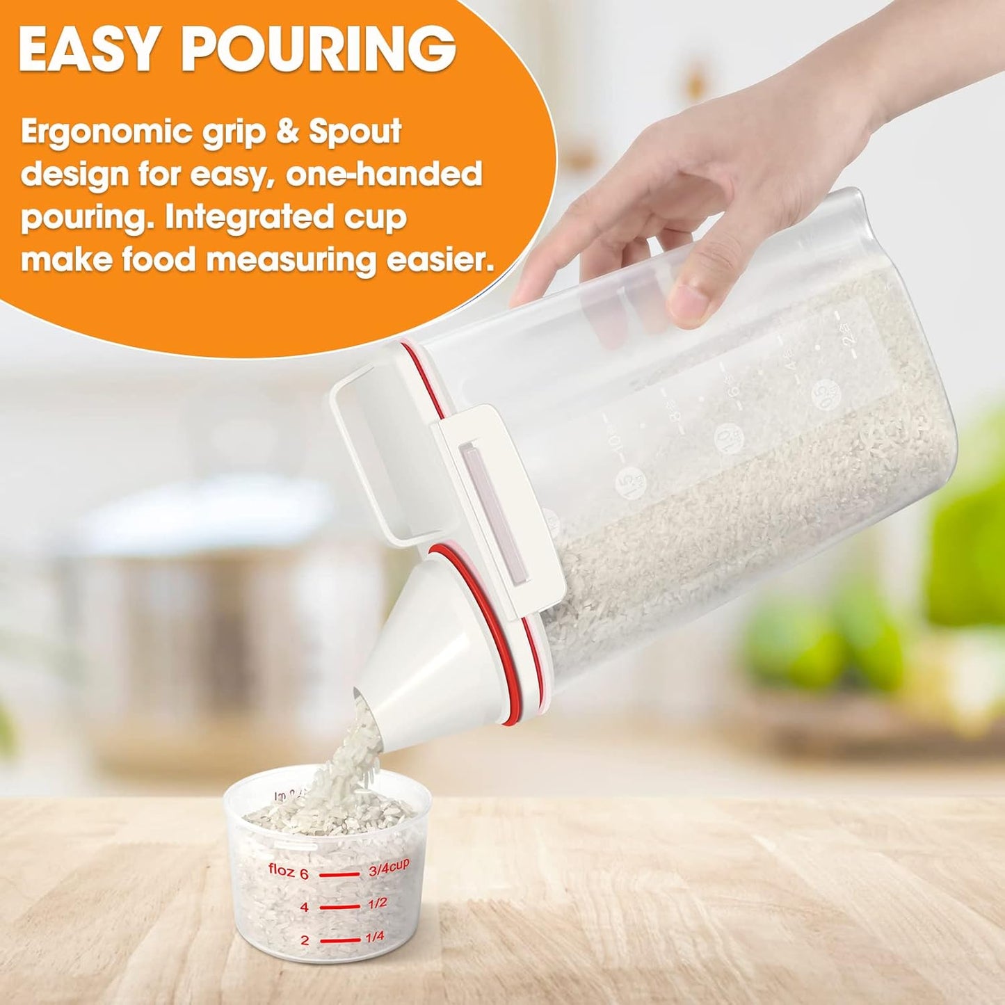 Rice Storage Container, Airtight Cereal Container Dispenser with Pourable Spout + Measuring Cup