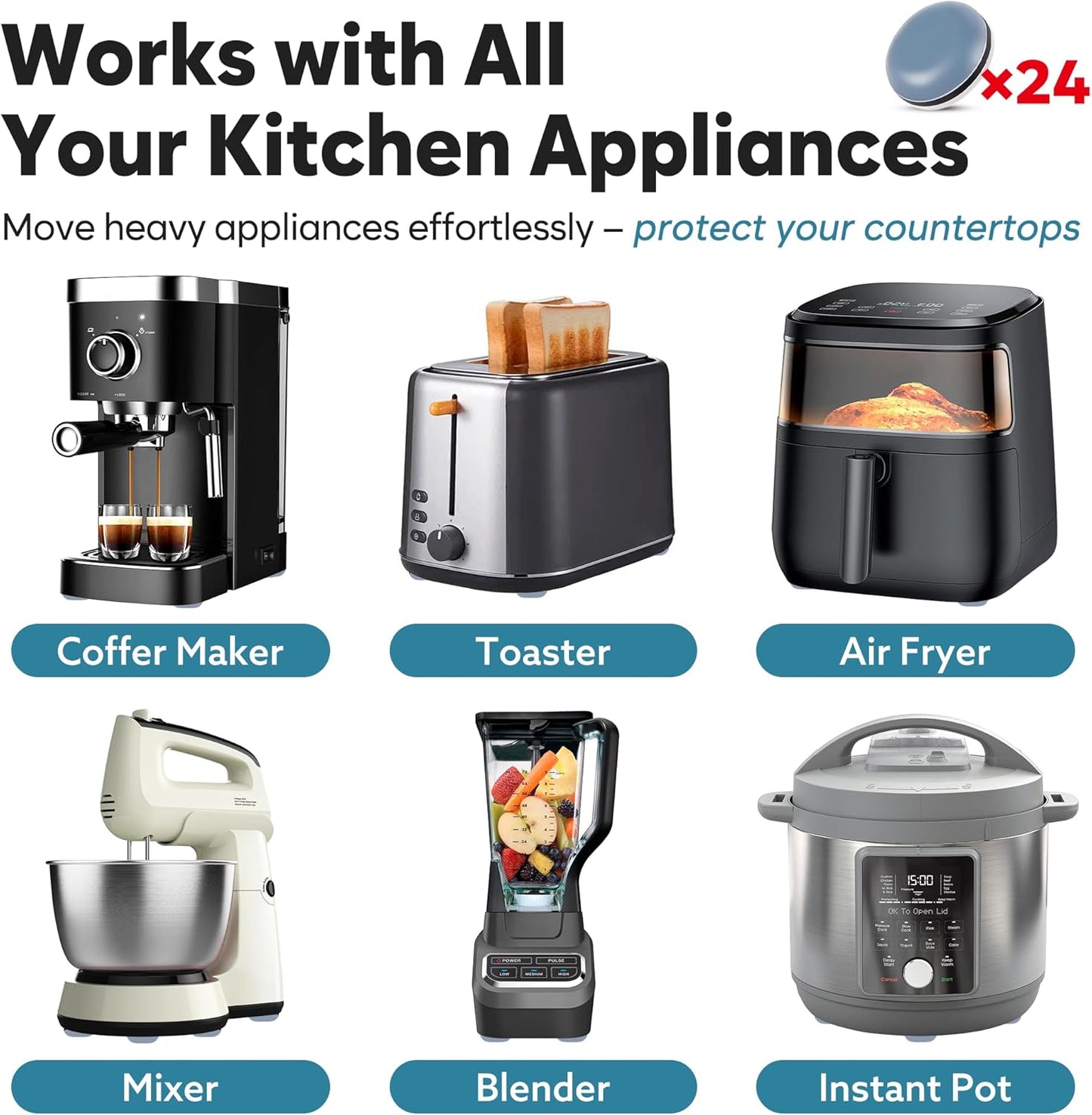 Appliance Sliders for Kitchen 24 PCS Self-Adhesive Small Kitchen Finds Appliance Slider Hacks Easy to MovIing & Space Saving Must Have Home Gadgets Mixer Accessories for Countertop