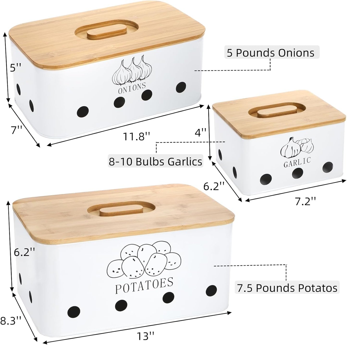 3 Pack Potato Onion Garlic Storage Set, Iron Vegetable Storage Bins with Holes Bamboo Lids