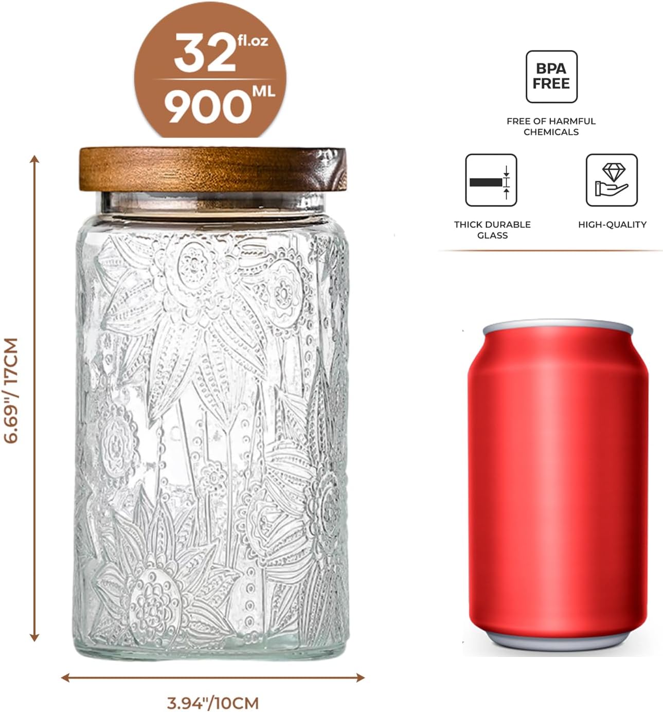 32oz Vintage Glass Jars With Lids, Airtight Food Storage Containers, Kitchen Canisters For Sugar