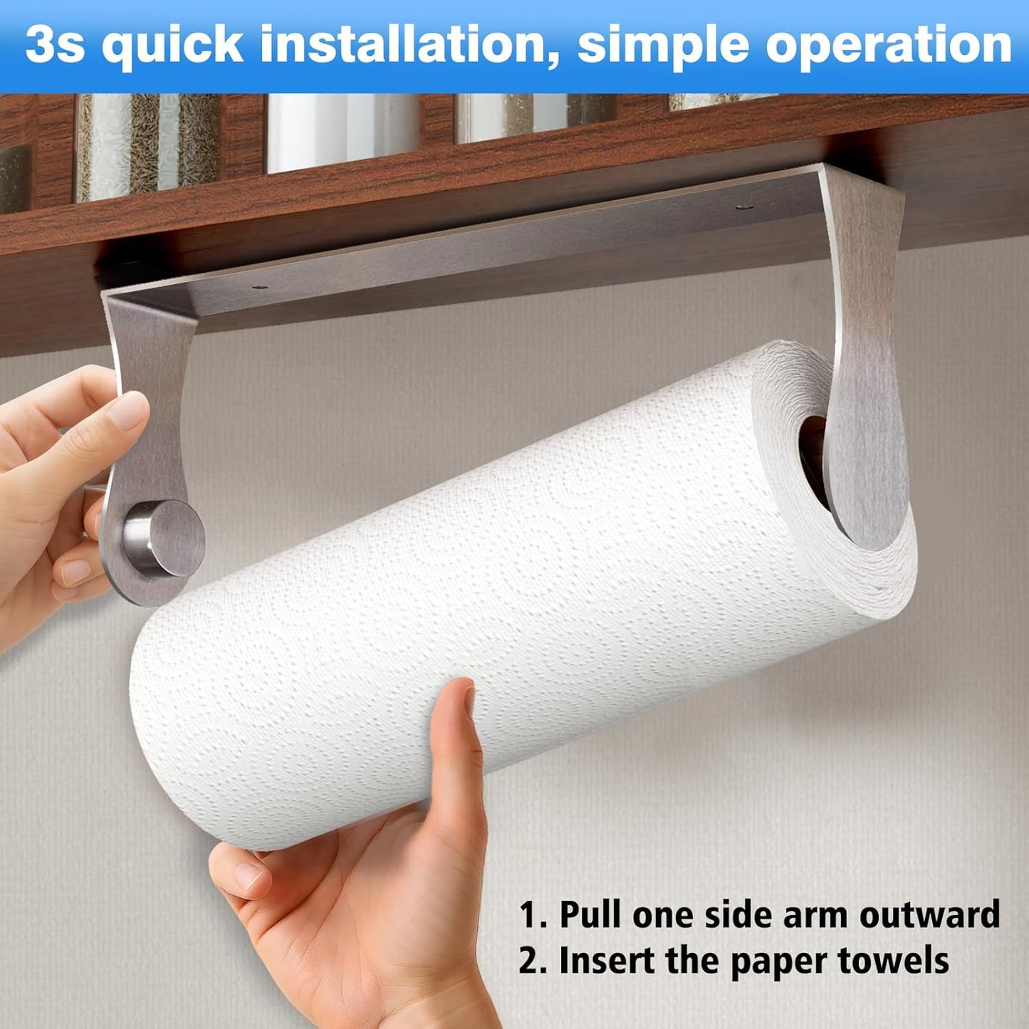 Paper Towel Holder Under Cabinet, Stainless Steel, Silver, Adhesive & Wall Mount