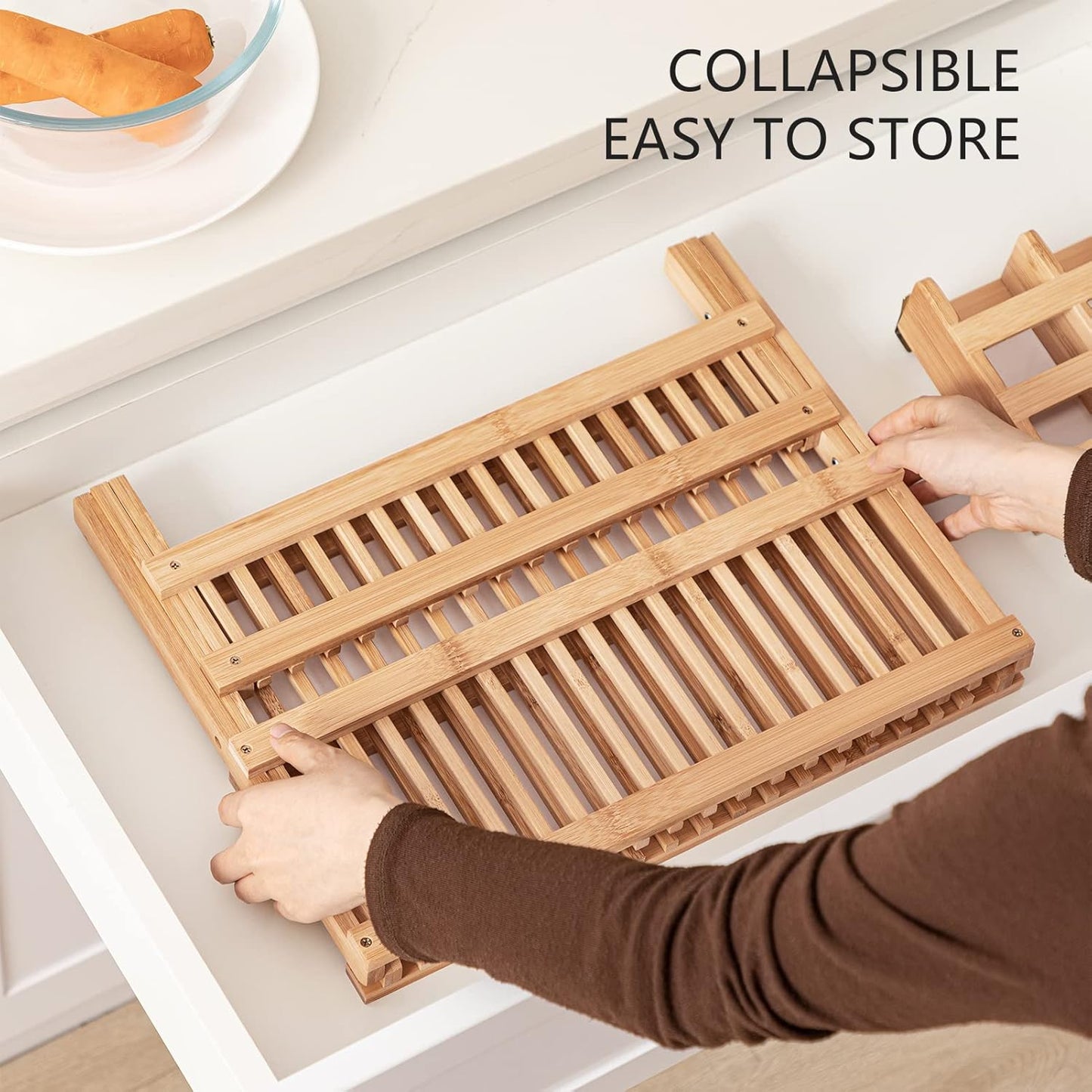 Dish Rack, Bamboo Folding 2-Tier Collapsible Drainer Dish Drying Rack with Utensils Flatware Holder Set (Dish Rack with Utensil Holder)