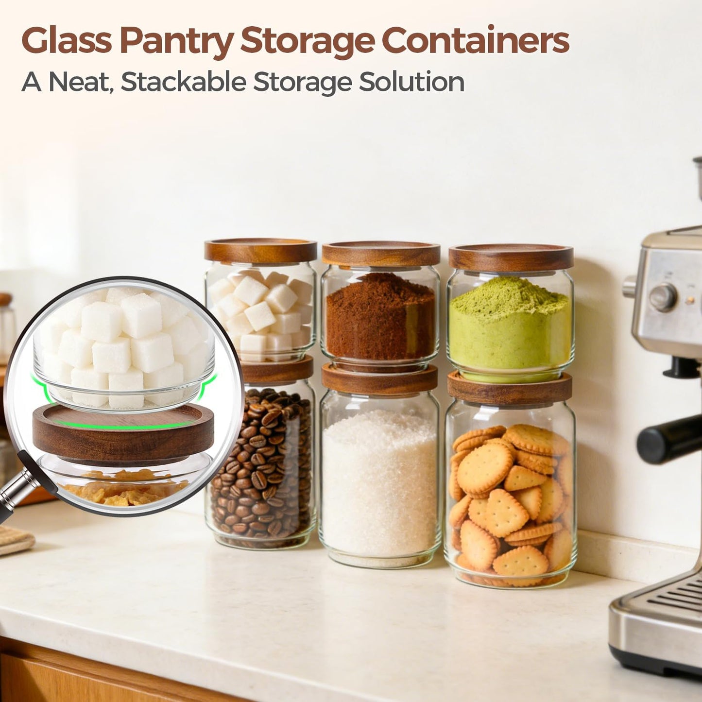 6PCS (1.1Qt/0.5Qt) Glass Pantry Storage Container with Acacia Wood Lid