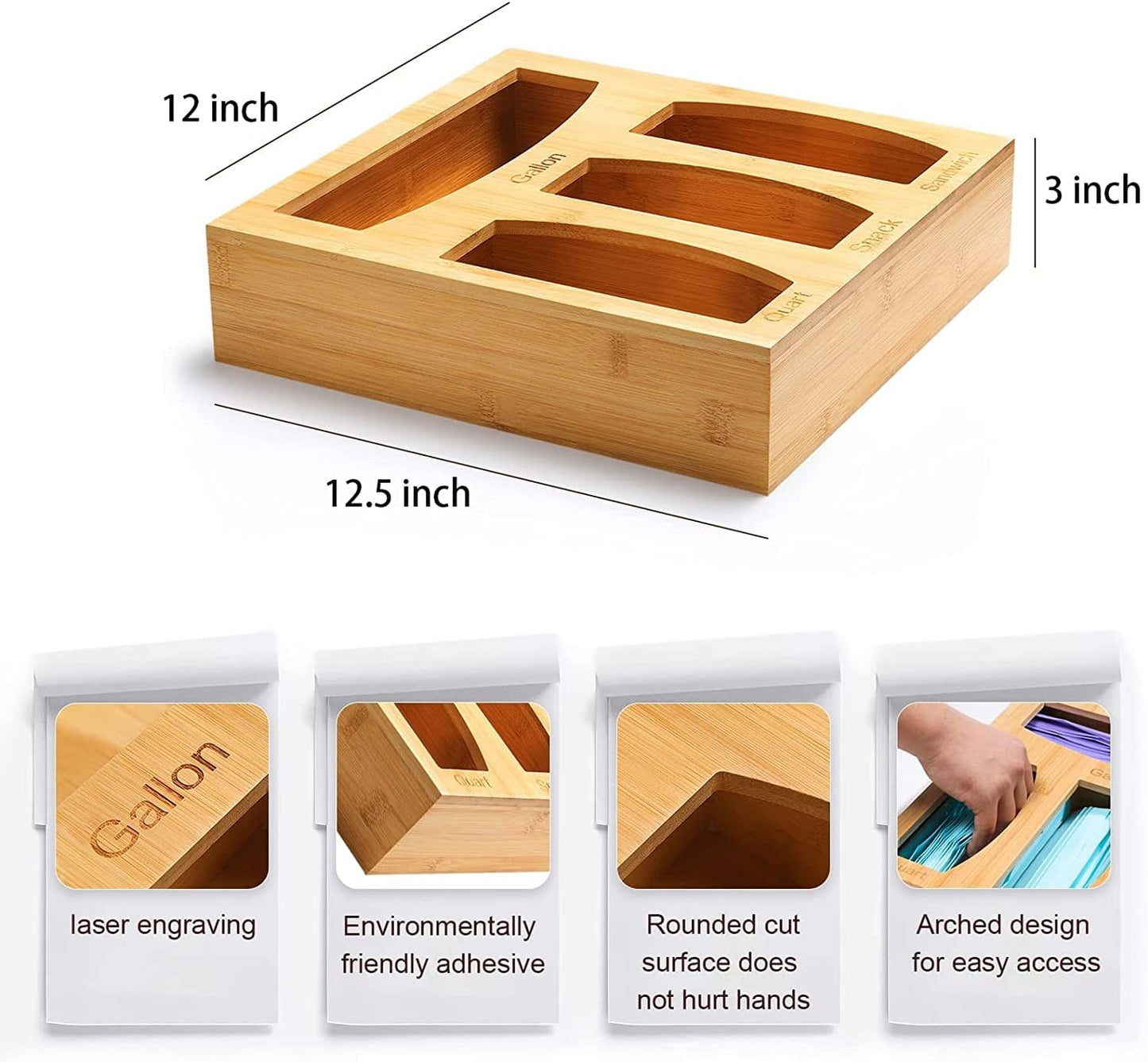 Bamboo Food Bag Storage Organizer for Kitchen Drawer, Baggie Holder for Solimo, Glad, Hefty Gallon