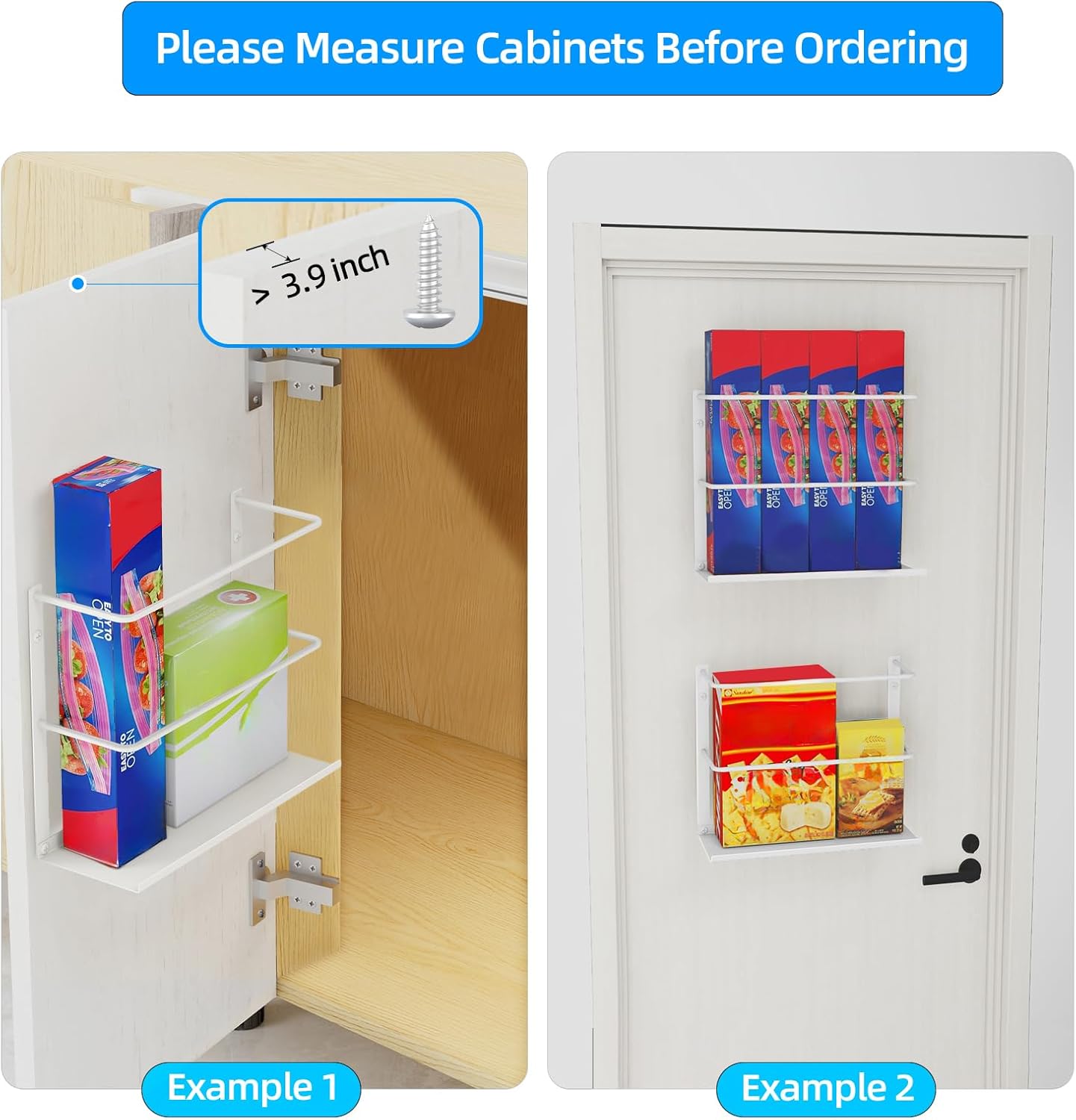 2 Pack Kitchen Wrap Organizer Door Mount, Aluminum Foil Holder Cabinet Door Organizer Cabinet Storage Basket for Kitchen Wrap/Food Bag Storage, White