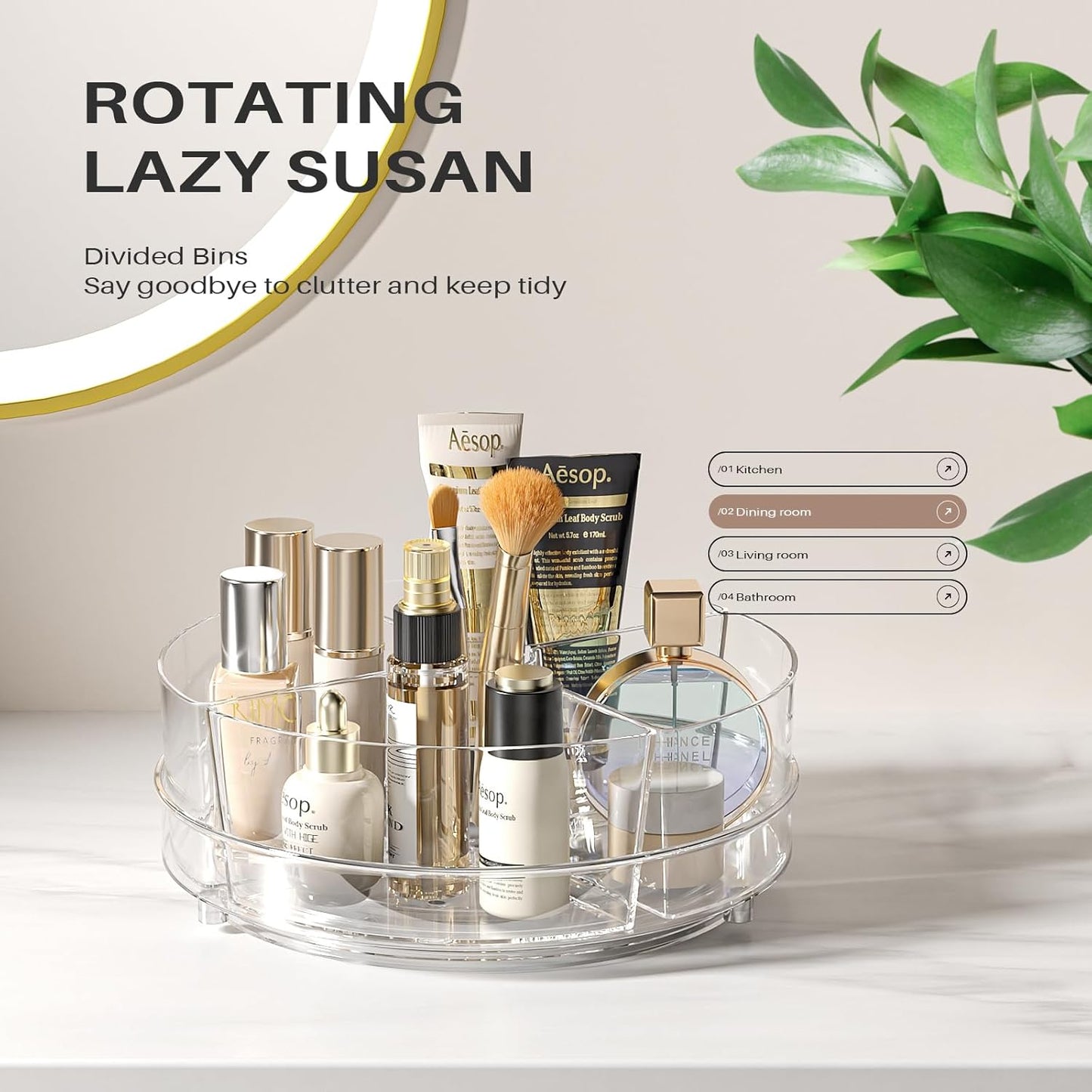 2 Pack Lazy Susan Organizer, 9 inch Rotating Storage Organizer with 4 Removable Bins