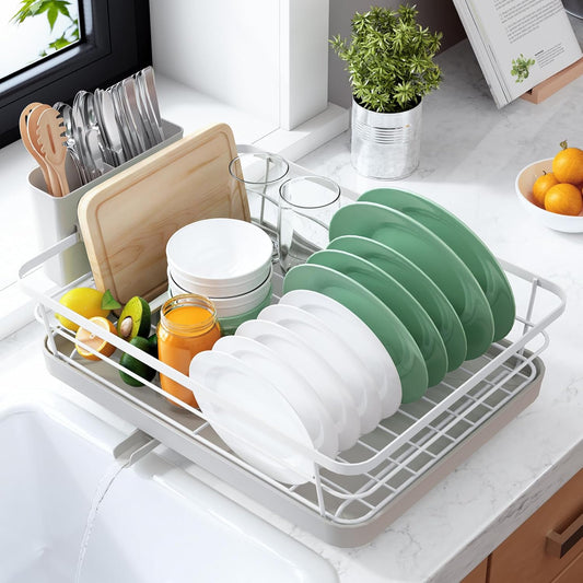 Dish Drying Rack for Kitchen Counter, Stainless Steel Sink Organization and Storage Essentials with Cutlery Holder, Home and Appartment Decor, 12''W x 15.5''L, Light Grey