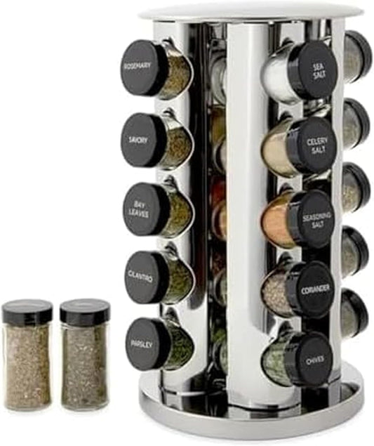 20 Jar Revolving Countertop Spice Rack with Spices Included, FREE Spice Refills for 5 Years