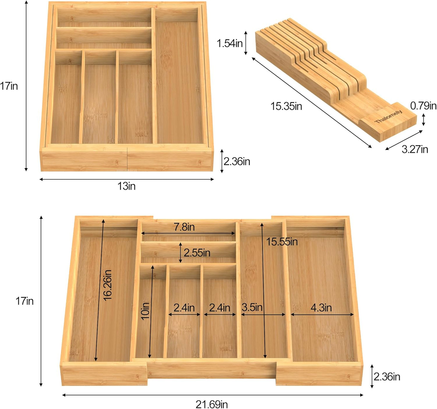 Bamboo Kitchen Drawer Organizer, Expandable Silverware Organizer with Removable Knife Block