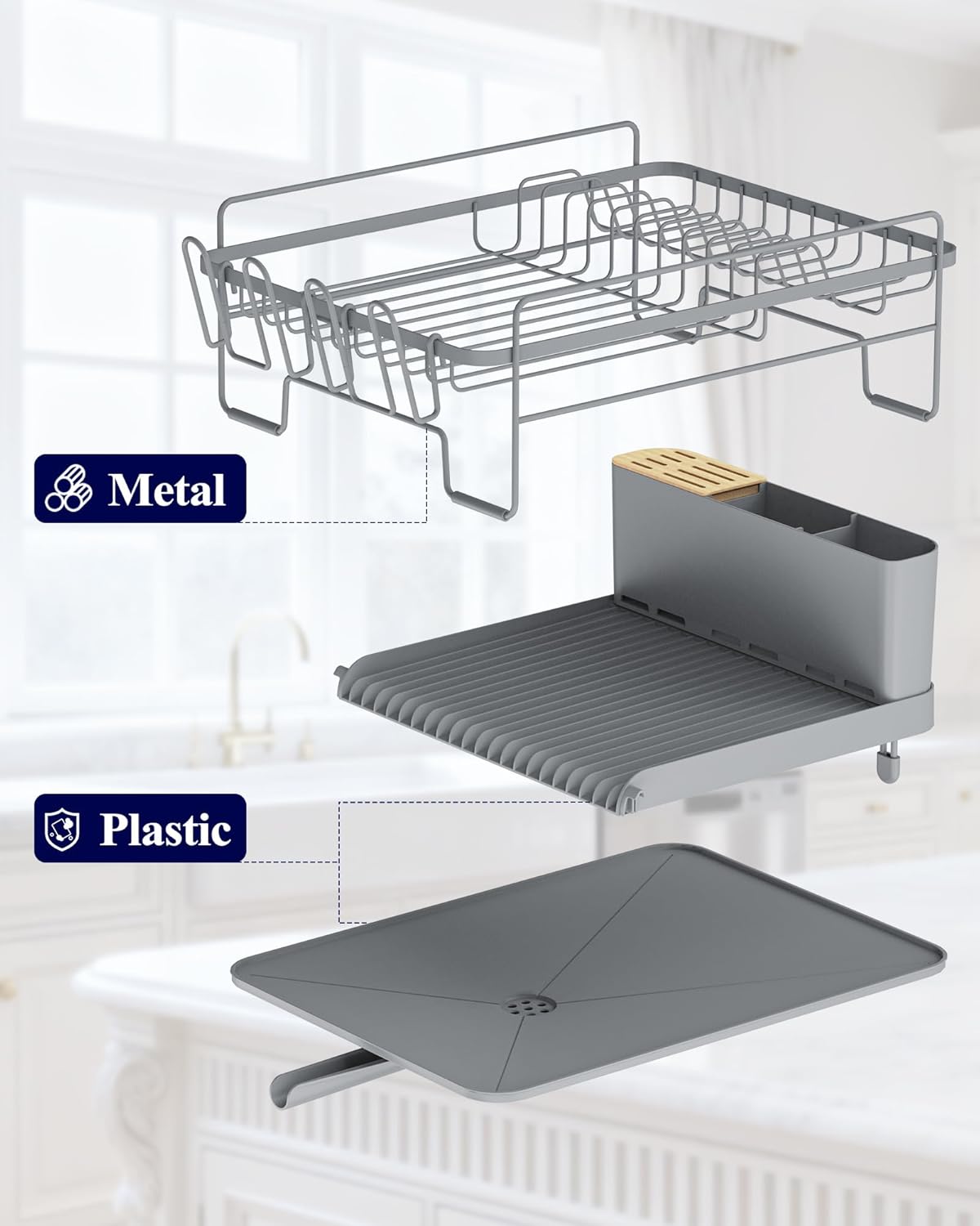 Extendable Dish Drying Rack, Large Drying Dish Rack with Cutlery & Cup Holders