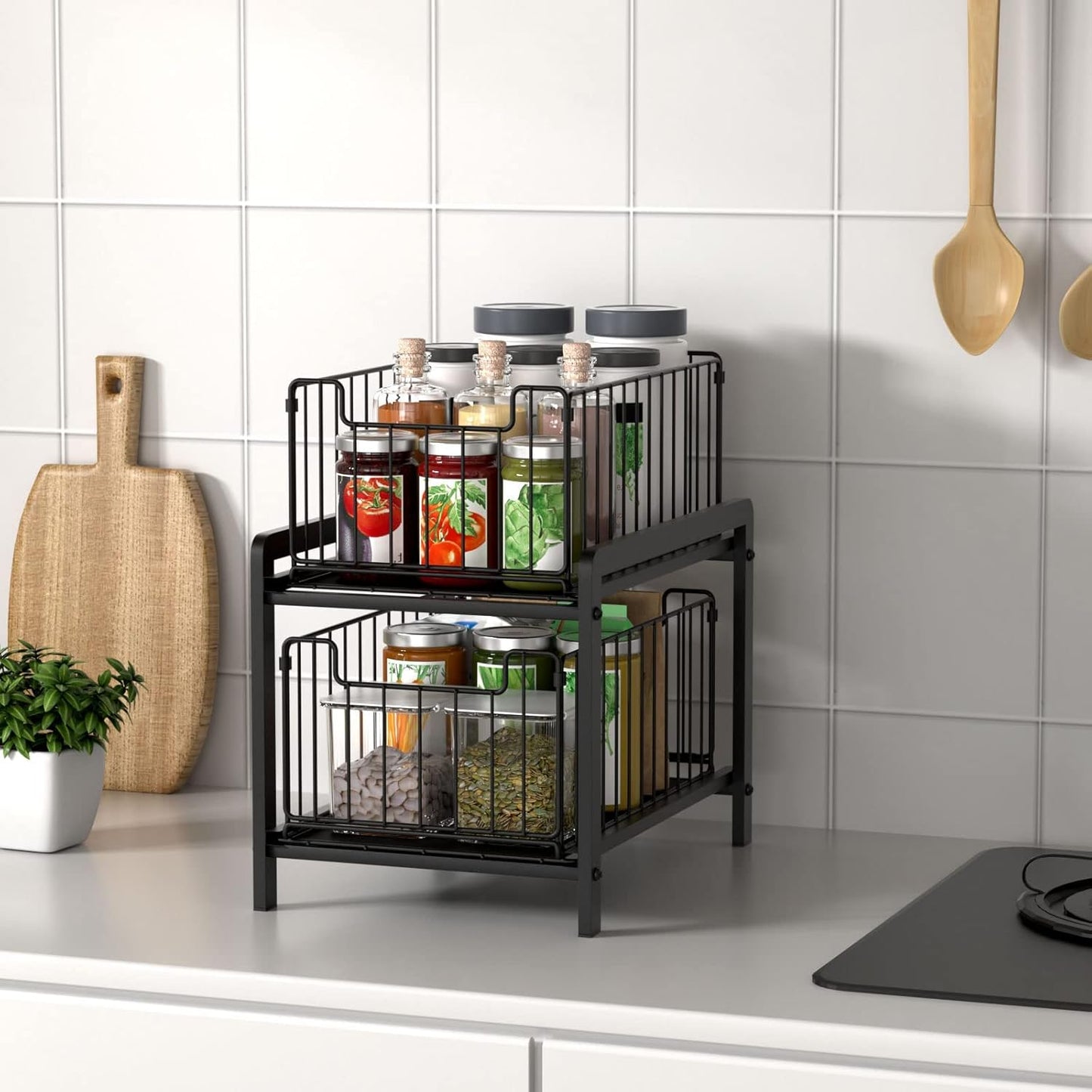 2-Tier Under Sink Organzier: Iron Under Sink Cabinet Organizers With Sliding Drawer