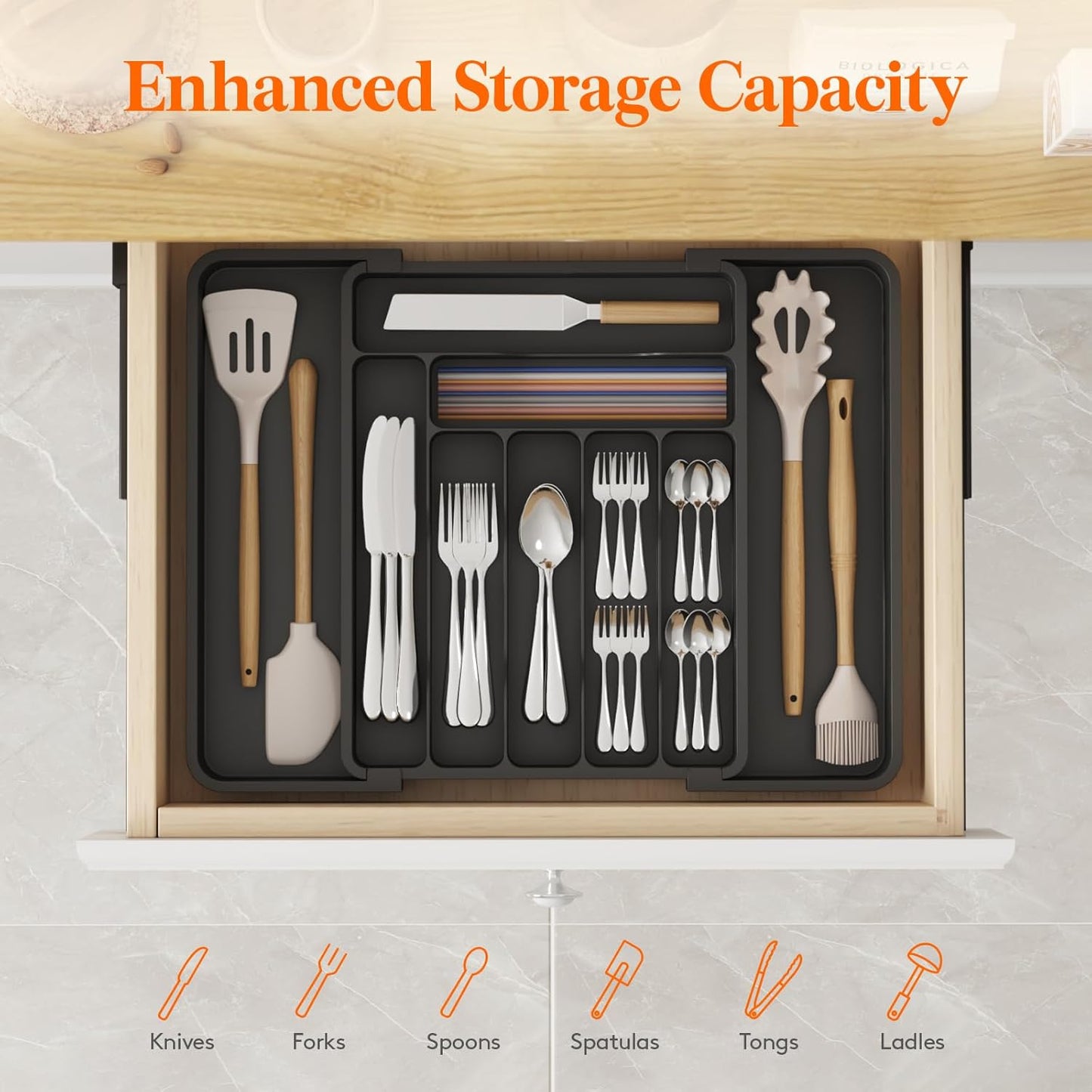 Utensil Organizer for Kitchen Drawer, Expandable Cooking Silverware Tray